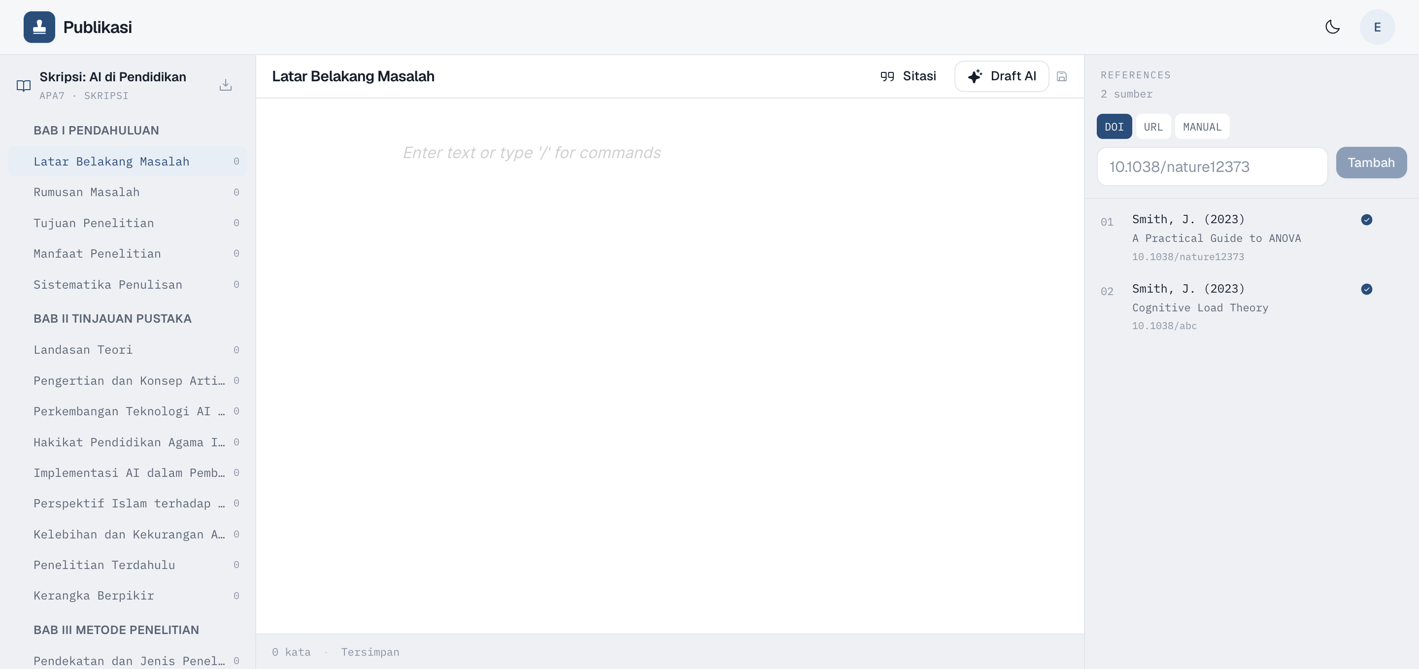 Editor Publikasi: sidebar struktur bab, kanvas tulis serif, panel referensi mono dengan sitasi tertempel dan terverifikasi.